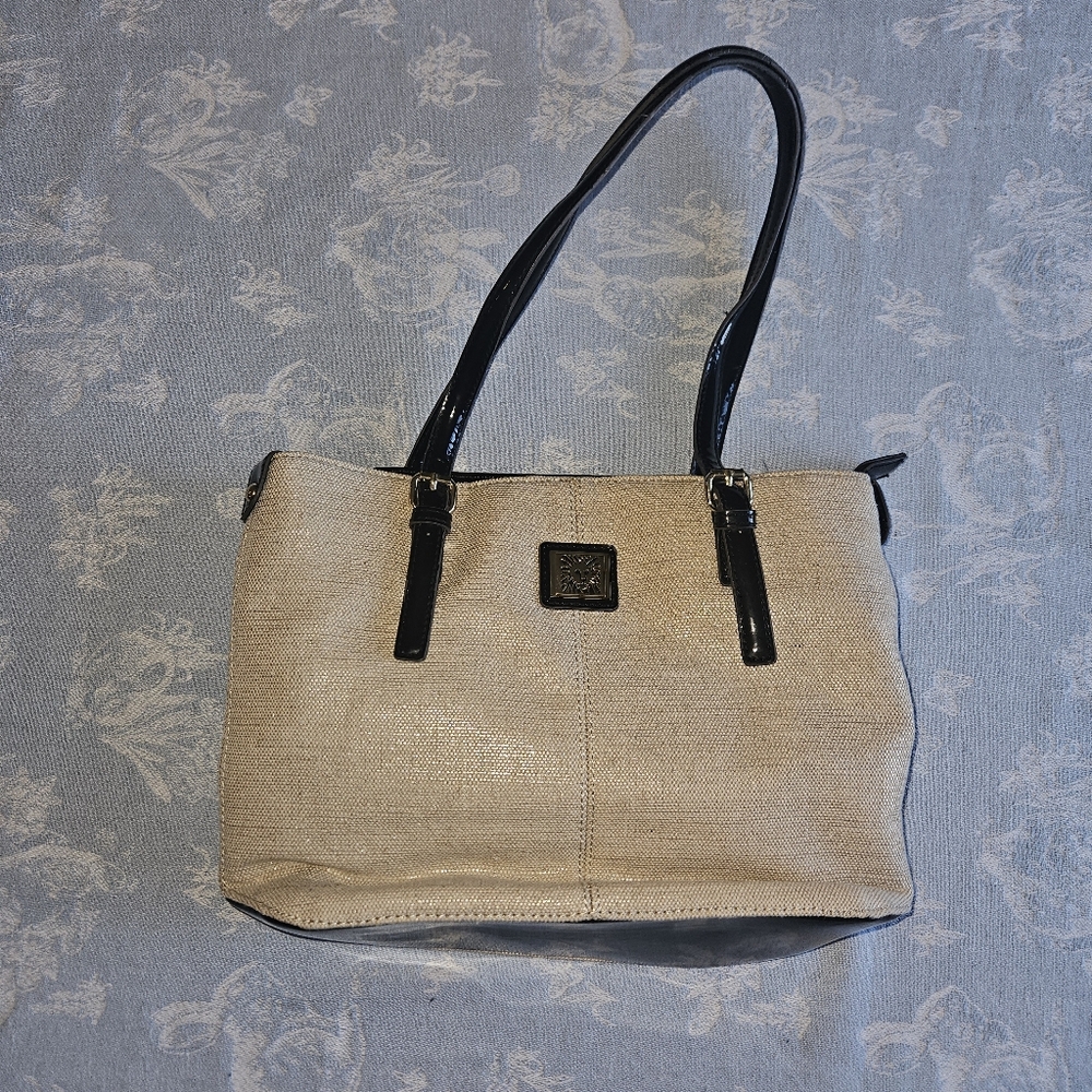 ANNE Klein Woven and Black Patent Tote Style Handbag Bag Purse - Picture 5 of 11
